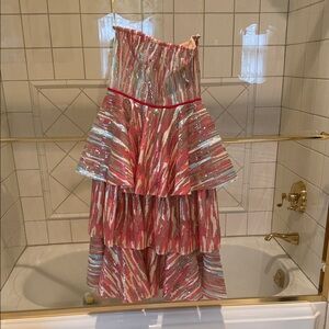 Bronx and Banco Tiered Strapless Party Dress in Pink and Silver Sequin Stripes